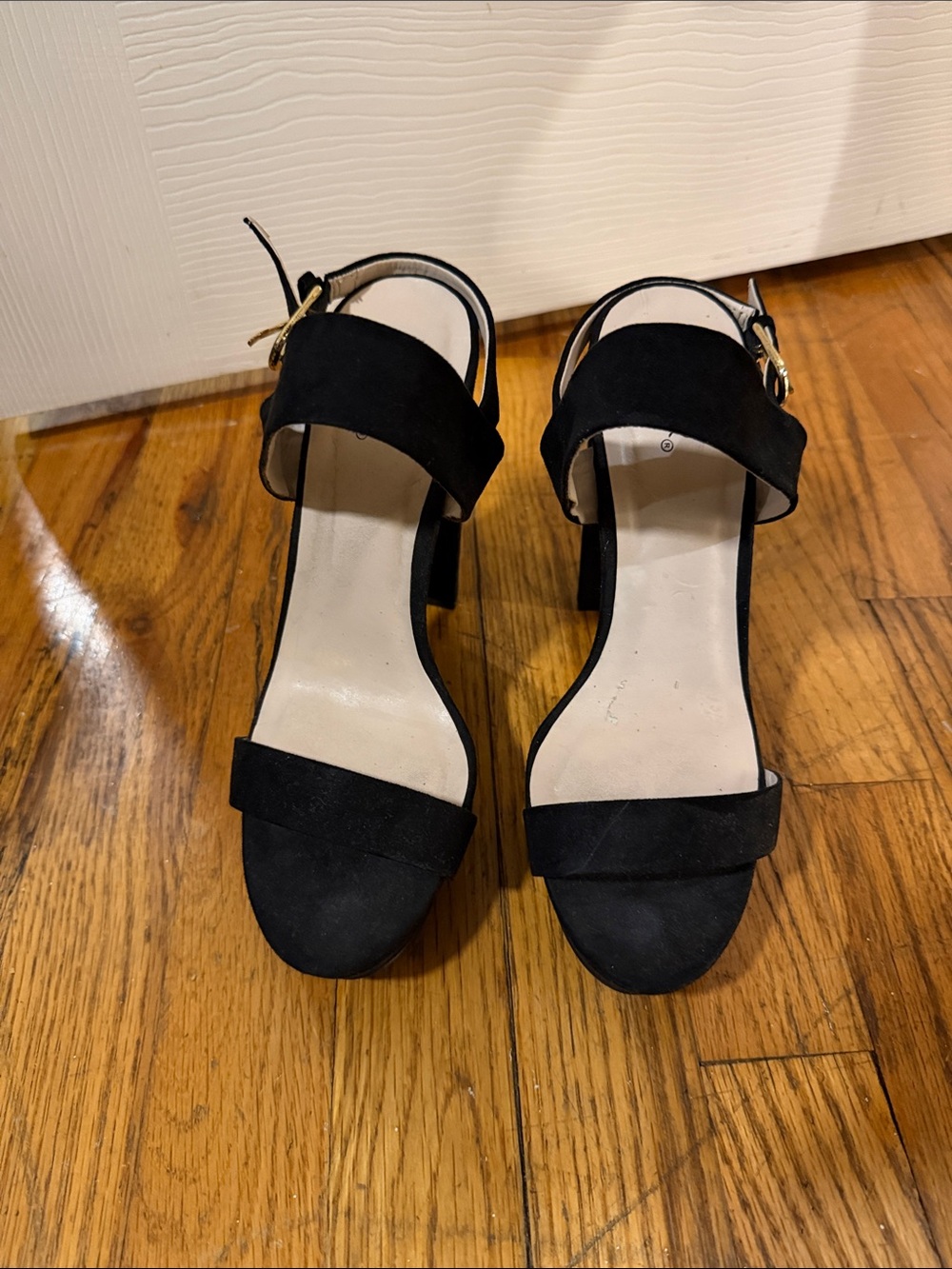 Cupid Black Suede Block Heel Sandals with Gold Buckle